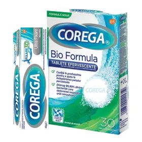 Corega crema adeziva pentru proteza dentara + tablete 40 gr + 30 tablete Bio Form 4 in 1