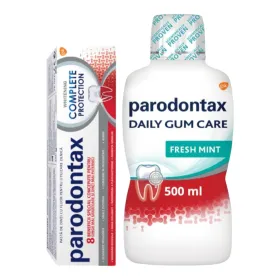 Set Parodontax Complete Protection pasta de dinti 75 ml Whitening + apa de gura 500 ml Fresh Mint